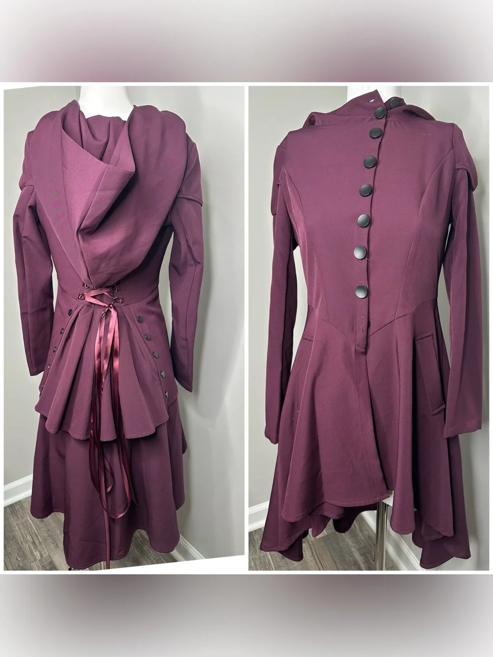 Fashion Plum Asymmetric lace -Back jacket /dress with Hood-nwot- small